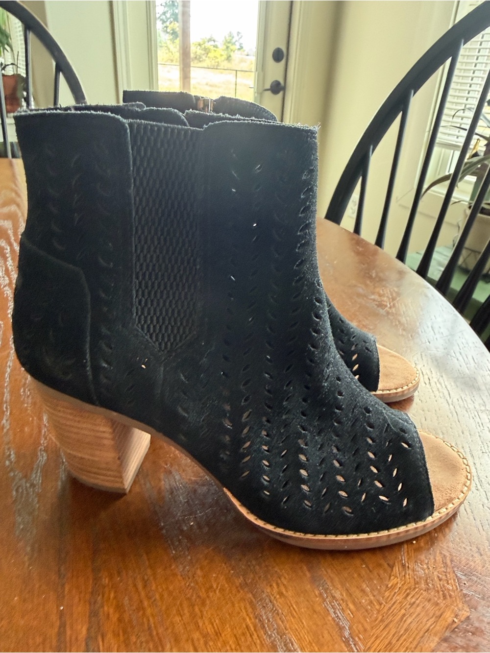 Toms Black Suede Perforated Peep-Toe Ankle Booties